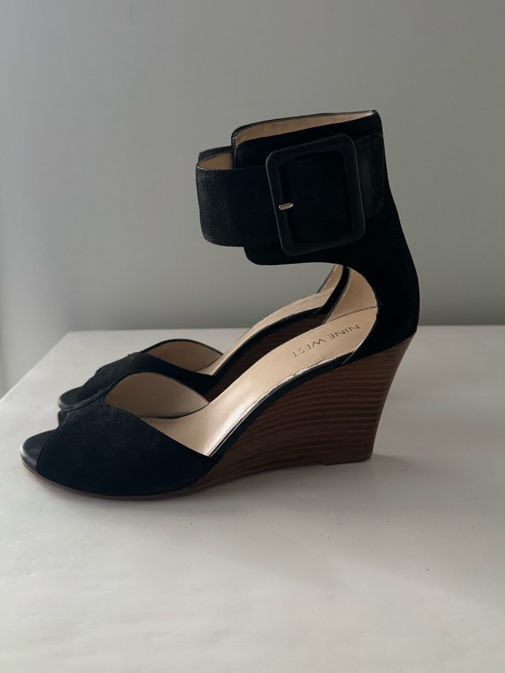 Nine West Black Suede Crudenza Ankle-Buckle Wedge Sandals
